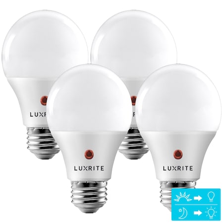 Luxrite A19 LED Light Bulbs Dusk to Dawn 9W (60W Equivalent) 800LM 3000K Soft White E26 Base 4-Pack LR21471-4PK